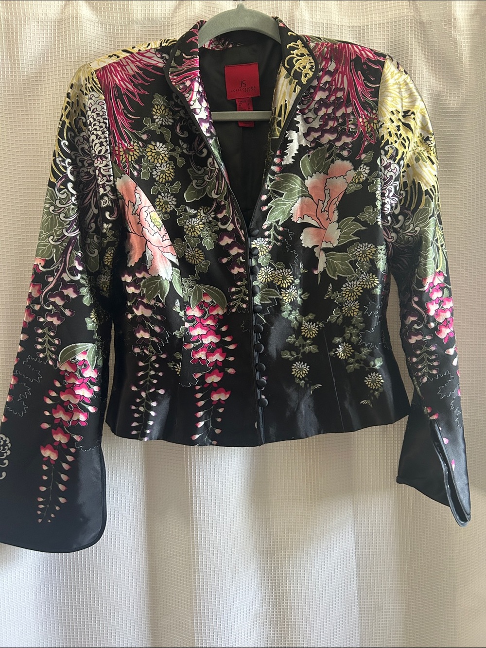 Silk Blend Floral Jacket Black & Pink, Covered Buttons, Asian Inspired, Cuffs
